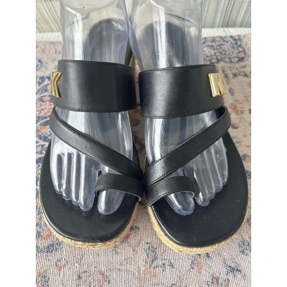 Michael Kors Black Leather Espadrille Wedge Sandals Toe Loop Platform Slides